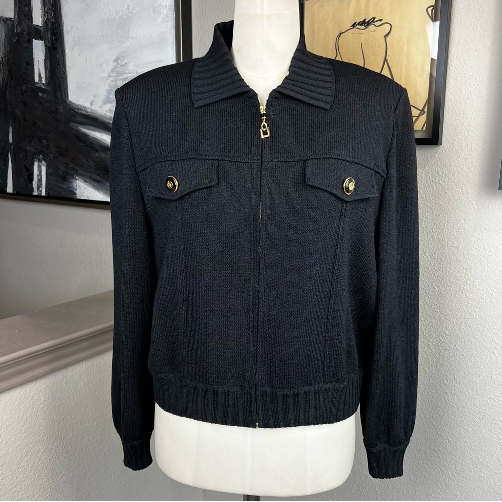ST. JOHN black knit zip-up sweater jacket